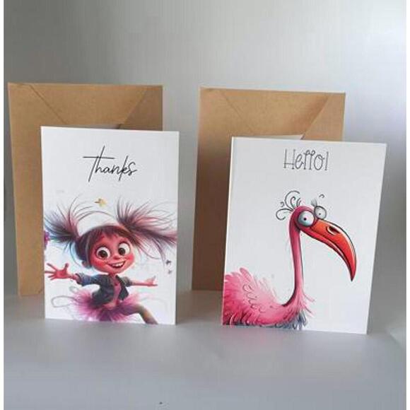 Other - Whimsical Greeting Cards Set - Thanks & Hello with Envelopes